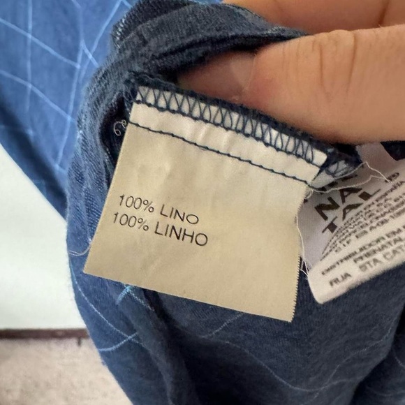 European Linen blue checkered dress with tie waist - Picture 8 of 8